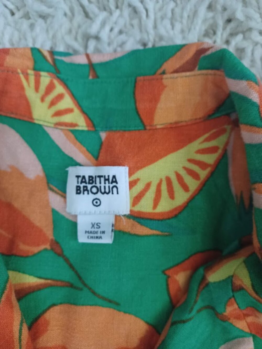Tabitha Brown Target Linen Blend Camp Shirt XS Green Orange Mixed Print - Picture 2 of 5